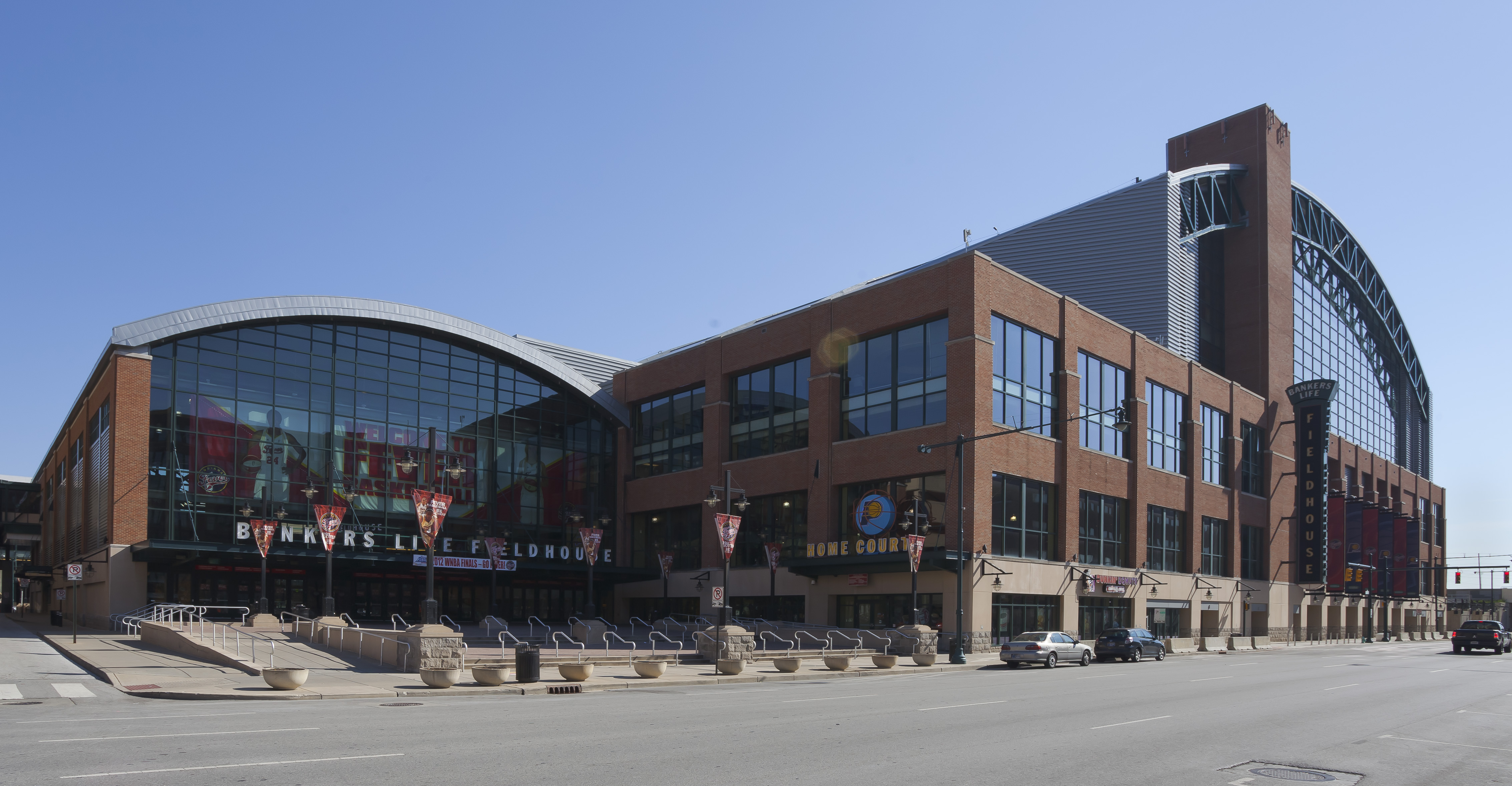 Gainbridge Fieldhouse, home of the Indiana Pacers, with its former Bankers Life signage
