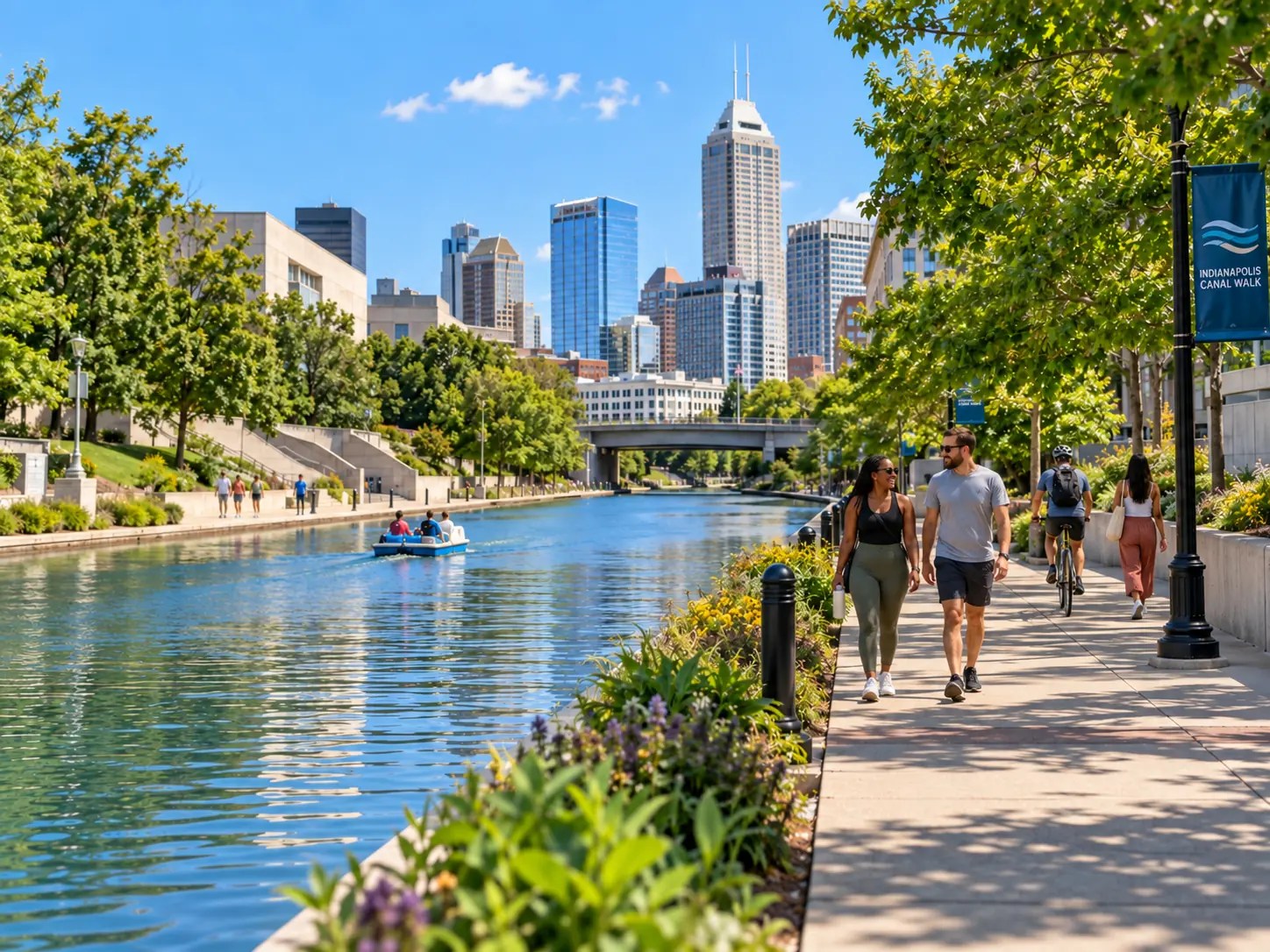 Sunny Indianapolis Canal Walk with pedestrians, bicyclist and visitors on the water