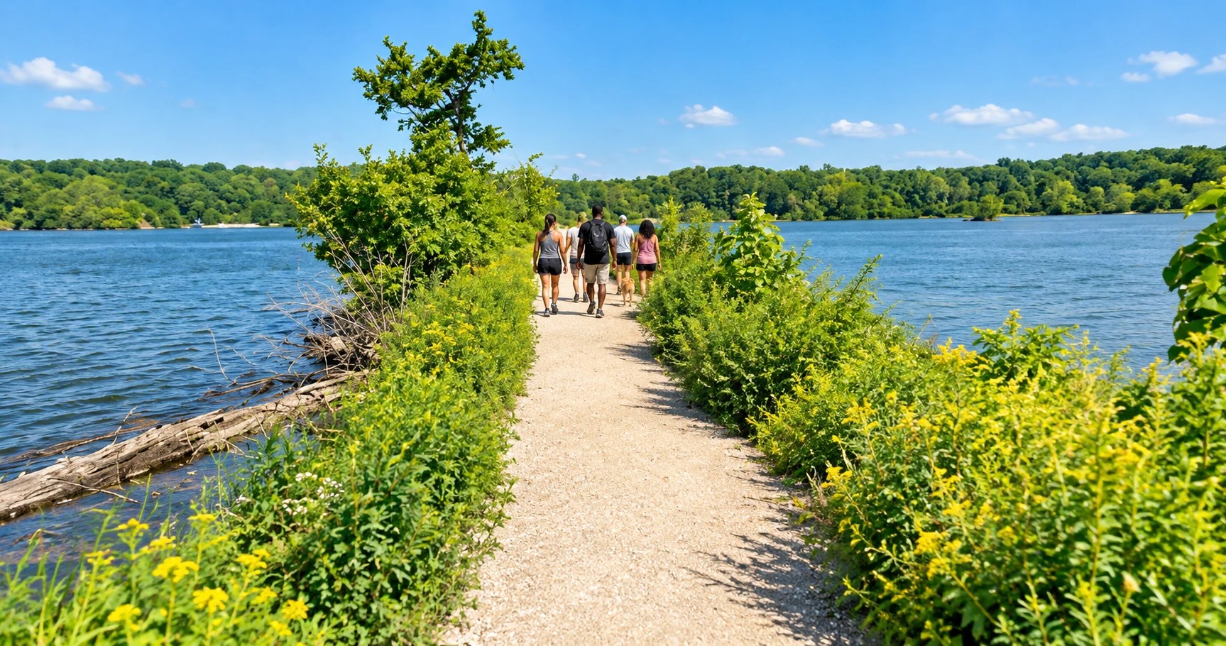 Four visitors walking away on a sunny lakeside trail at Eagle Creek Park in Indianapolis