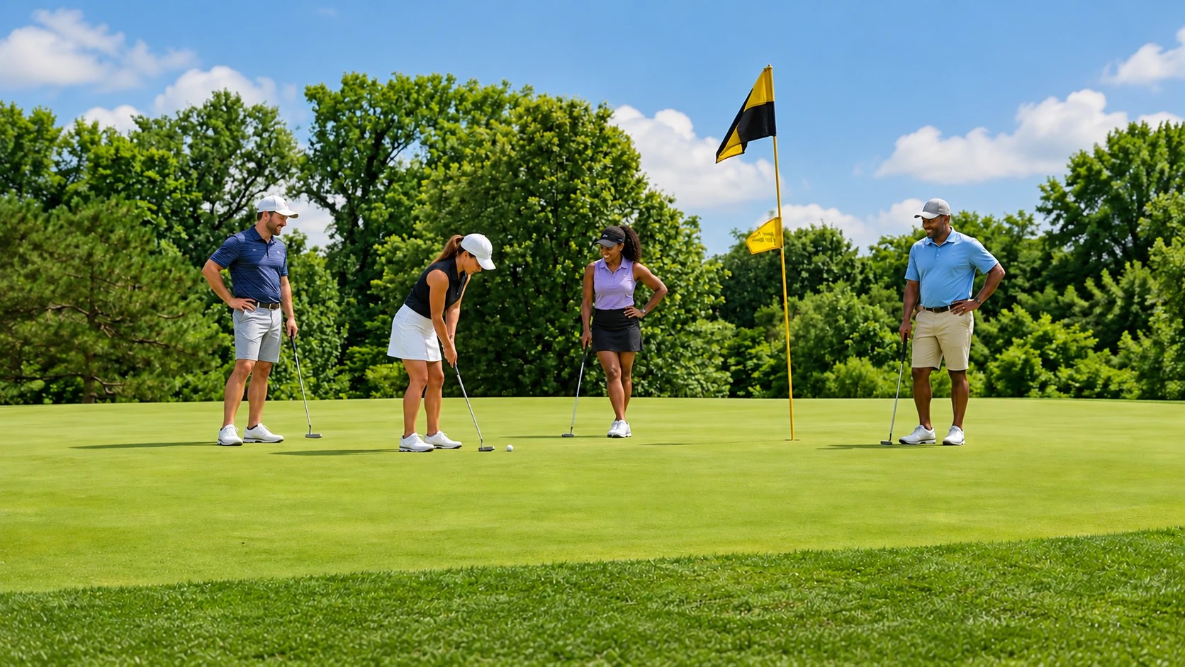 Four golfers on a summer putting green: a white man, a white woman lining up a putt, a Black woman, and a Black man by the flag