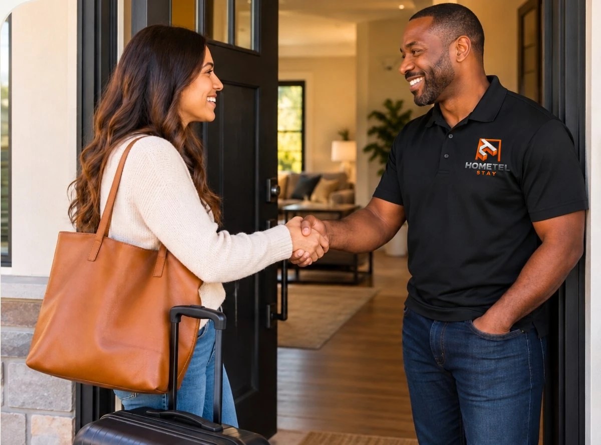 HomeTel Stay team member in black branded polo greeting a guest with a handshake