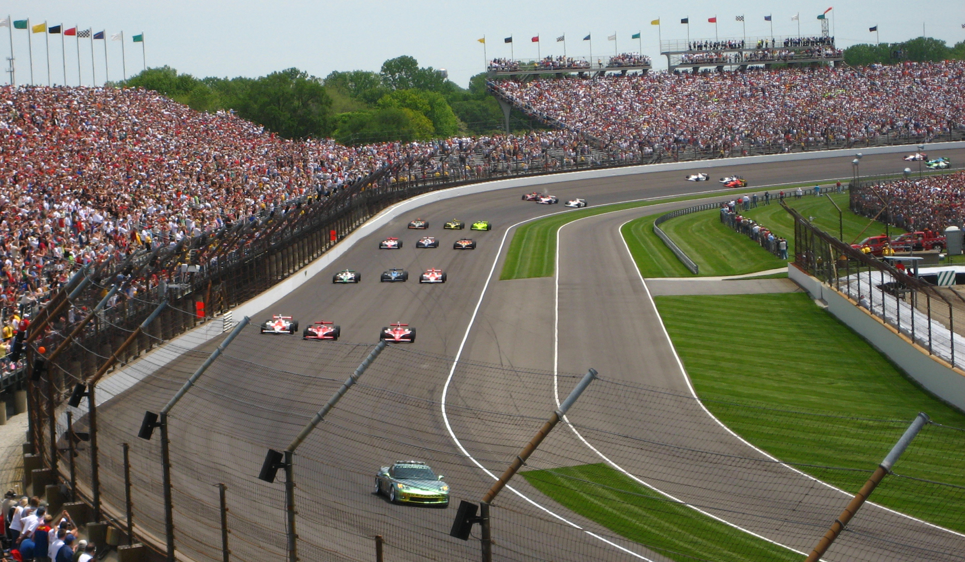 Race cars lined up for the start of the 2008 Indianapolis 500 at Indianapolis Motor Speedway